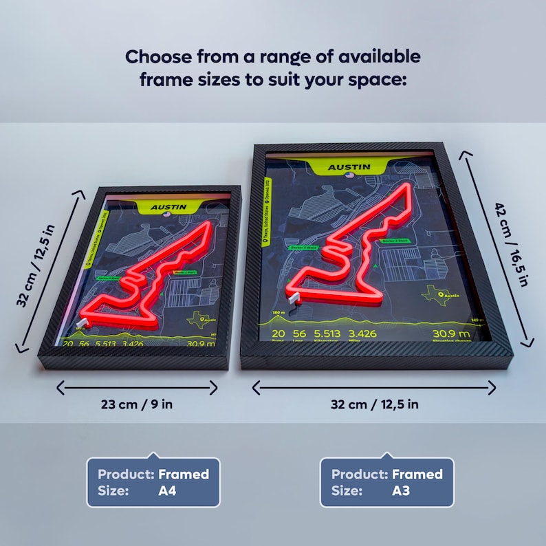 Comparison image showing two framed Austin Neon F1 Track Posters inspired by the United States Grand Prix circuit. The photo displays available size options: A4 frame (23 × 32 cm / 9 × 12.5 in) and A3 frame (32 × 42 cm / 12.5 × 16.5 in). Each design features a glowing red LED-style Austin racetrack outline, circuit map background, and Charles Leclerc’s Ferrari fastest lap statistics, with dimensions clearly marked for size comparison.