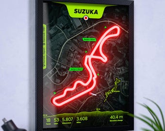 Suzuka Circle F1 Neonplakat, Formel-1-Wandkunst, Japan-GP-Dekor, F1-Geschenk, Sieger 2026 Antonelli, Runden-Rekord Piastri, 6 Siege Schumacher