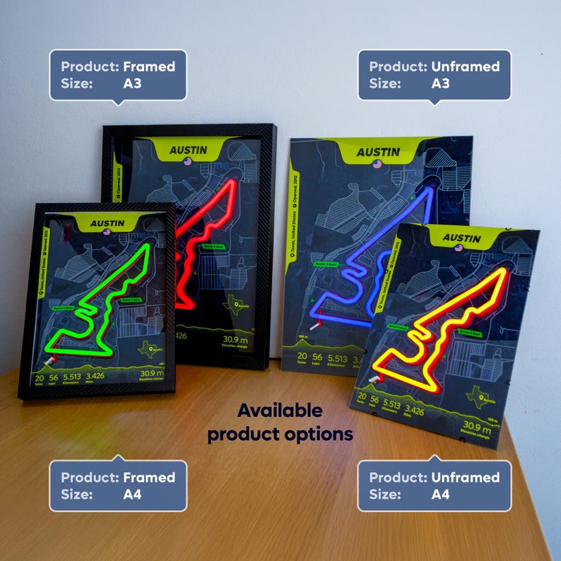 Comparison of available Austin F1 Track Poster options featuring the United States Grand Prix circuit with LED-style neon track lighting. The display shows framed A3 and A4 versions alongside unframed A3 and A4 prints, each with different neon color themes. The motorsport wall art includes track map details, circuit statistics, and a modern racing-inspired design celebrating Charles Leclerc's Ferrari fastest lap at Austin.