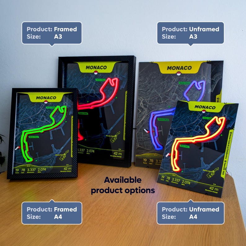 Monaco LED Neon Racetrack Map, Formula 1 Wall Art. Kimi Antonelli - Winner 2026. Lewis Hamilton - Fastest lap. Ayrton Senna - Most wins. image 2