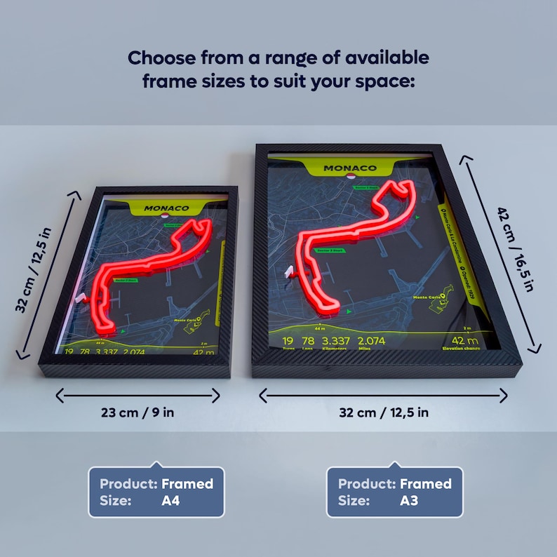 May include: Two framed wall art pieces featuring the Monaco Grand Prix circuit in red neon. The smaller frame measures 32 cm by 23 cm (12.5 in by 9 in) and the larger frame measures 42 cm by 32 cm (16.5 in by 12.5 in). Text includes Monaco and stats.