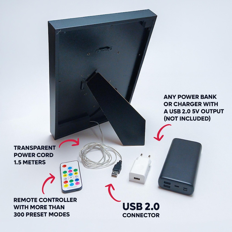 Back view of an LED neon wall art frame showing the stand and transparent 1.5-meter power cord. Includes a USB 2.0 connector, a remote controller with over 300 lighting modes, and examples of compatible power sources such as a USB wall charger and power bank (not included).