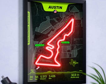 Neon-LED-Wandbild der Formel-1-Strecke Austin: Poster des Circuit of the Americas (COTA), Großer Preis der USA. Max Verstappen – Sieger 2025. Leclerc – Schnellste Runde.