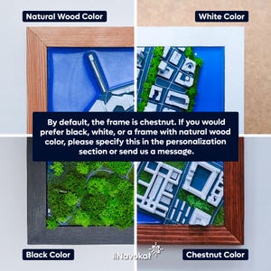 This image features four variations of a 3D printed miniature map of Central Park in Manhattan, New York City, framed in different wood colors: natural wood, white, black, and chestnut. Each frame surrounds a detailed 3D cityscape with white buildings, green trees, and pathways, highlighting the iconic park in a modern, stylish display. The different frames showcase how the artwork can complement various interior decor styles, making it a unique wall art or gift representing Manhattan.