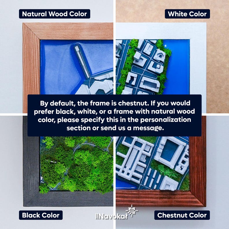 This image features four variations of a 3D printed miniature map of Central Park in Manhattan, New York City, framed in different wood colors: natural wood, white, black, and chestnut. Each frame surrounds a detailed 3D cityscape with white buildings, green trees, and pathways, highlighting the iconic park in a modern, stylish display. The different frames showcase how the artwork can complement various interior decor styles, making it a unique wall art or gift representing Manhattan.