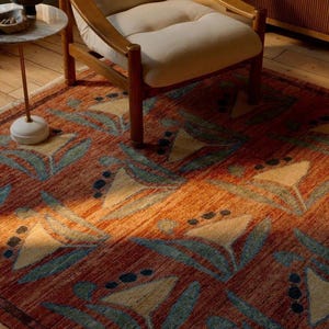 Turkish Oushak Wool Rug 8x10, Hand Knotted, Geometric & Floral Pattern, Rustic Orange.