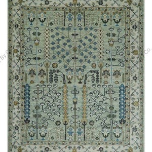 Blue and Sage Green Hand-Knotted Traditional Turkish Rug – Wool Area Rug with Floral Tree of Life Pattern – 8x10 Modern Oushak Style Carpet
