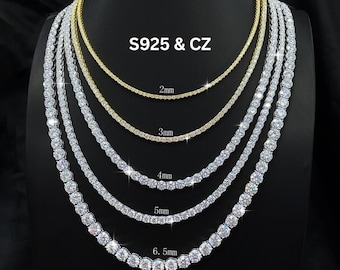 メンズネックレス、シルバーテニスネックレスチェーン、細幅