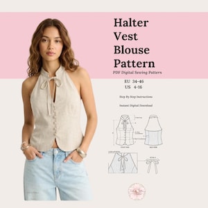 Può includere: Un modello di camicetta senza maniche beige con il testo "Halter Vest Blouse Pattern" e informazioni sulle taglie. Il modello include istruzioni passo passo ed è un download digitale PDF.
