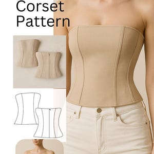 Op de afbeelding: Een strapless corsetpatroon met de tekst "Feminine Strapless Corset Pattern". De afbeelding toont een beige corset, een diagram en een foto van een persoon die het corset draagt. Het corset is neutraal van kleur en heeft verticale naden.
