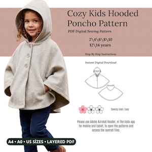 以下が含まれることがあります： フード付きポンチョのPDFデジタル裁縫パターン。Cozy Kids Hooded Poncho Pattern、2-14歳、Step By Step Instructions、Instant Digital Download、Sewing Level: Easy、A4、A0、US SIZES、LAYERED PDFのテキストと線画が含まれています。