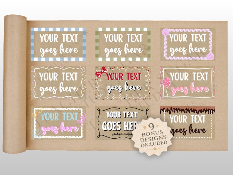 May include: Nine sticker designs with the text "YOUR TEXT goes here" in various decorative frames. The designs include gingham, floral, and scalloped edges, with a bonus design included.