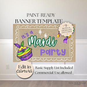 Op de afbeelding: Een kant-en-klare banner sjabloon met een bruine achtergrond en een witte geschulpte rand. De woorden "It's a Mardi Party" zijn in groen en paars. Een cupcake met Mardi Gras-kleuren staat links. Inclusief 9 bonusontwerpen. Bewerken in Canva.
