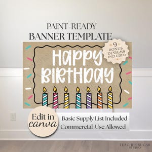 以下が含まれることがあります： 「Happy Birthday」の白い文字が黒い縁で囲まれた、ペイント可能なバナーテンプレート。カラフルなろうそくとスプリンクルのデザイン。追加テキストには「Edit in canva」と「Commercial Use Allowed」が含まれています。