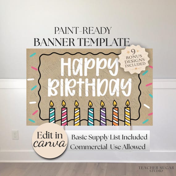 Happy Birthday Banner Template Canva Editable, Banner Mockup Digital Download, Paint Ready Party Banner Design