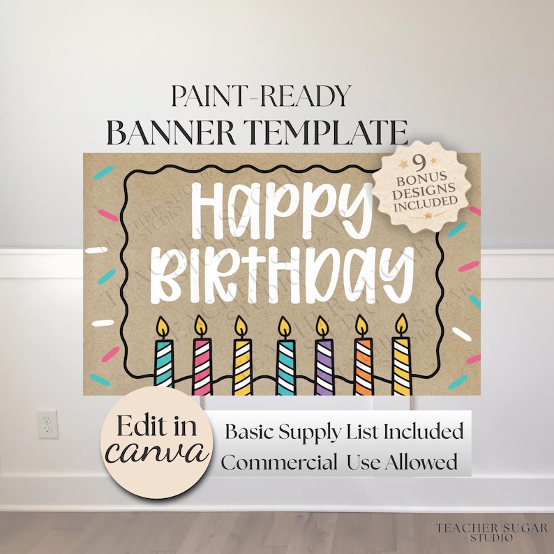 以下が含まれることがあります： 「Happy Birthday」の白い文字が黒い縁で囲まれた、ペイント可能なバナーテンプレート。カラフルなろうそくとスプリンクルのデザイン。追加テキストには「Edit in canva」と「Commercial Use Allowed」が含まれています。