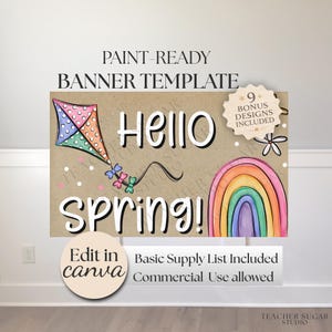 Könnte beinhalten: Eine malfertige Banner-Vorlage mit den Worten "Hello Spring!" in großen weißen Buchstaben. Das Design umfasst einen bunten Drachen, einen Regenbogen und den Text "Edit in canva". Das Banner enthält auch "9 Bonus Designs Included".