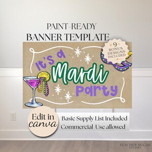 Op de afbeelding: Een verfklare bannertemplate met de tekst "It's a Mardi Party" in groen en paars. Het ontwerp bevat een cocktail, kralen en een masker, met de tekst "Edit in Canva" en "9 Bonus Designs Included".
