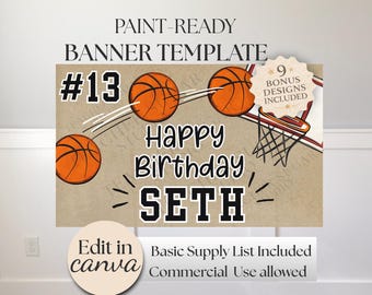 Basketball Birthday Banner Template, DIY Paintable Canva Sign (Digital Download