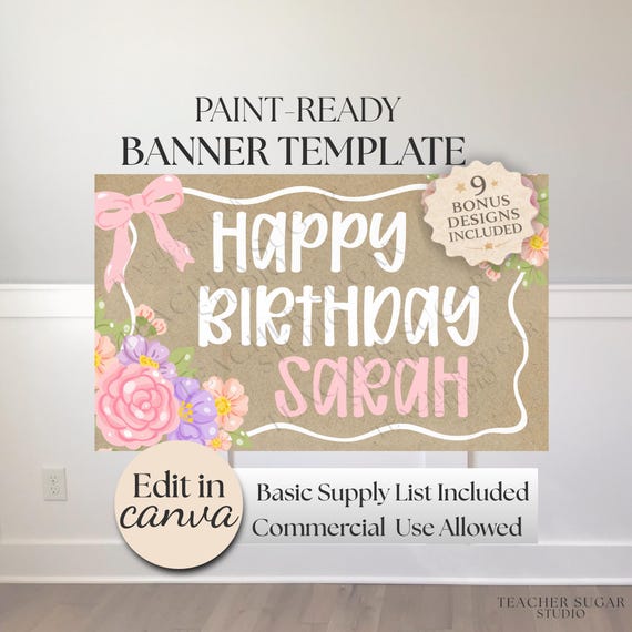 Happy Birthday Banner Template Canva Editable, Party Banner Mockup Digital Download, Paint Ready Custom Name Decor