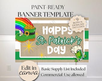St. Patrick's Day Banner Template, Hand Painted Green Decor (Digital Download