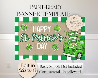 St Patricks Day Banner Template, Lucky Gnome & Green Truck, Editable Canva (Digital Download)
