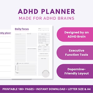 May include: White ADHD planner with purple text and accents. The planner includes sections for daily focus, meal tracking, and hydration. Text on the planner reads "ADHD PLANNER MADE FOR ADHD BRAINS" and "Designed by an ADHD Brain".