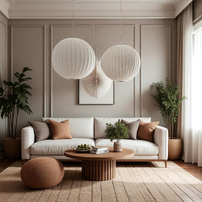 Japandi Pendant Light Minimalist Round Fabric Hanging Ceiling Lamp for