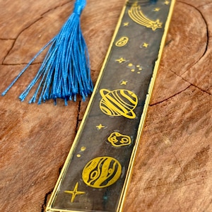 Celestial Resin Bookmark: Gold Star, Planet and Galaxy Design Hard Bookmark