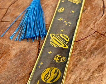 Celestial Resin Bookmark: Gold Galaxy Stars Planets, One-of-a-Kind Handmade Accessory