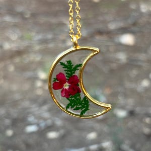 Red Wildflower Crescent Moon Pendant Necklace: Gold, Silver, or Brass Celestial Jewelry
