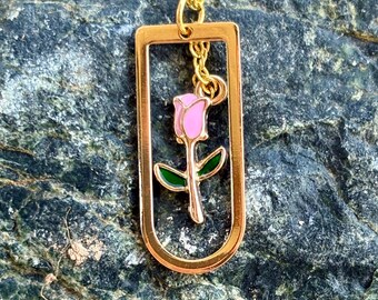 Arched Gold Frame Pink Rose Necklace: Floral Pendant Jewelry, Gift for Mom
