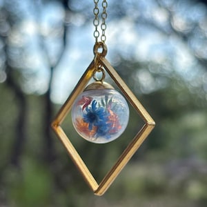 Wildflower Terrarium Necklace: Copper Flakes, Gold Diamond Frame