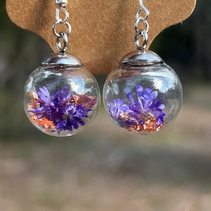 Earrings with Real Purple Flowers & Copper Flakes | Transparent Sphere Dangle Earrings | Nature-Inspired Jewelry| Purple Terrarium Earrings