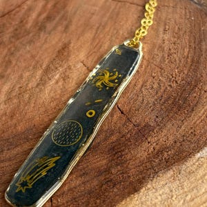Gold Celestial Rectangle Necklace: Blue Resin Galaxy Outer space Pendant Jewelry