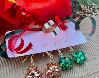 Christmas Bow Dangle Earrings | Red, Green, Gold Metal Holiday Jewelry