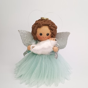 Handmade 3-Inch Angel Doll Holding Baby – Mini Guardian Angel Ornament , Baby Shower Gift ,Nursery Decor , Christmas Tree Topper