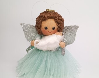 Handmade Angel Doll Holding Baby – Mini Guardian, Nursery Decor
