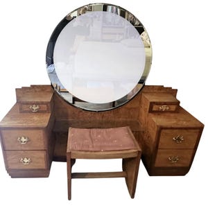 Antique Art Deco Vanity Set – 1920s Maple Burl Waterfall Dresser with Round Mirror & Matching Stool – Hollywood Glam – Free US Shipping