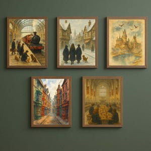 Peut inclure: Cinq impressions encadrées à l'aquarelle sur le thème de la fantaisie. Les impressions représentent des scènes d'une gare, d'un village enneigé, d'un château, d'une rue pavée et d'une salle à manger. Chaque impression est dans un cadre en bois marron.