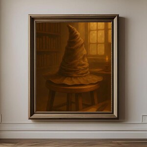 May include: A framed painting depicts a brown, wizard's sorting hat atop a wooden stool. The background shows a dimly lit room with bookshelves and a window. The artwork is displayed on a white wall.