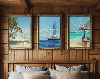 Coastal Beach Wall Art Prints: Set of 3 Tropical Seaside Decor (Digital Download