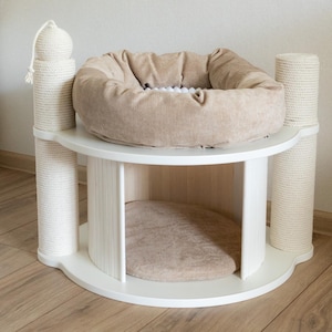 Cream or beige modular Cat Tree With Cat Scratcher Pole, Cozy Cave and Cat Bed with White linning or Clear