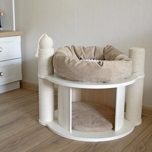 Cream or beige modular Cat Tree With Cat Scratcher Pole, Cozy Cave and Cat Bed with White linning or Clear