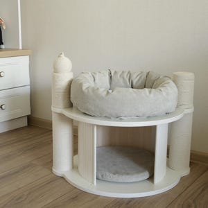 Light Gray modular Cat Tree With Cat Scratcher Pole, Cozy Cave and Cat Bed with White linning or Hood