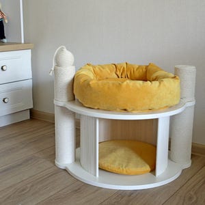 Yellow modular Cat Tree With Cat Scratcher Pole, Cozy Cave and Cat Bed with White linning or Clear