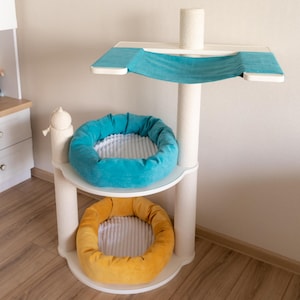 Blue and Yellow modular Cat Tree or Tower with Hammock, Cat Scratcher Pole and Cat Bed with White Linning or without