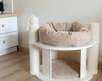 Modern Modular Cat Tree, Beige Cat Bed & Scratcher Pole and Cozy House