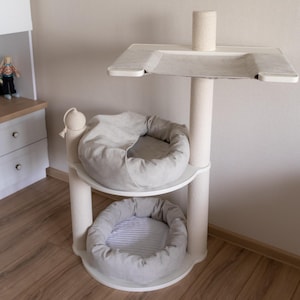 Light Gray modular Cat Tree or Tower with Hammock Cat Scratcher Pole and Cat Bed with Hood and White Linning
