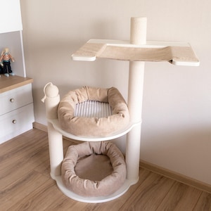 Cream or Beige modular Cat Tree or Tower with Hammock, Cat Scratcher Pole and Cat Bed with White Linning or clear
